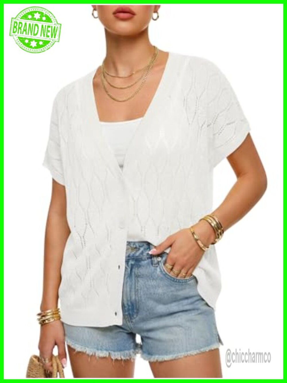 Womens Lightweight Short Sleeve Crochet Cardigan Button V-Neck